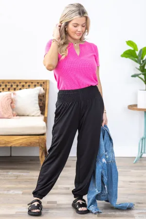 Black Smocked High Waist Joggers With Pocket