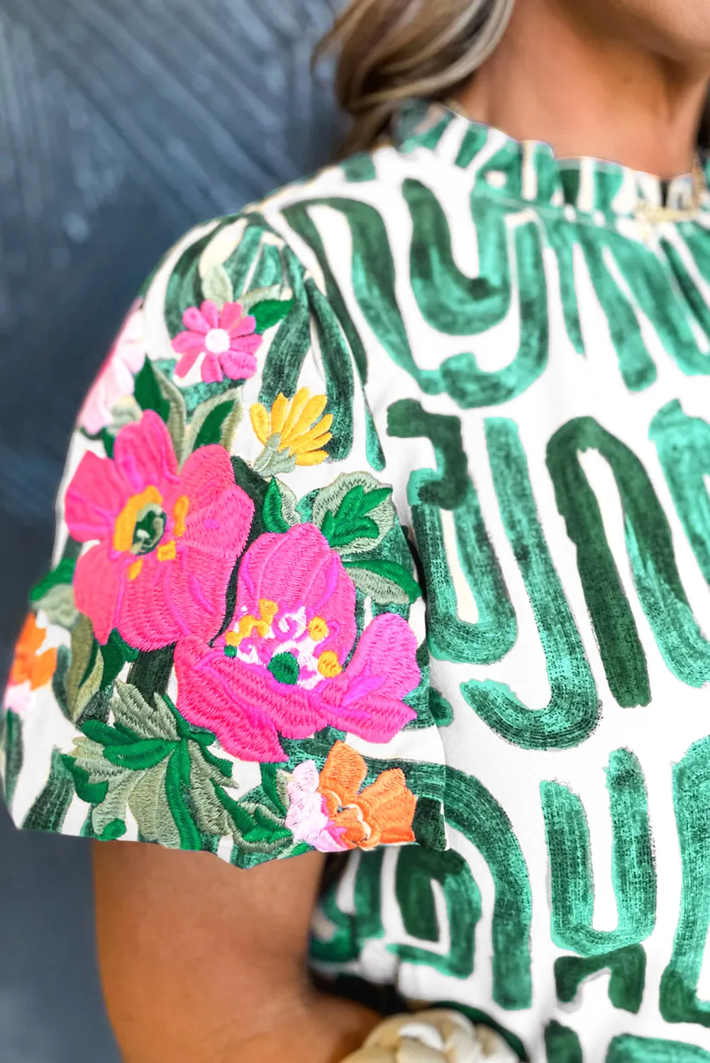 Blackish Green Embroidered Puff Sleeve Frilled Neck Printed Top
