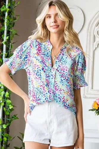 Blue Abstract Bubble Smock Sleeve Blouse
