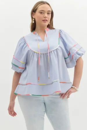 Blue Puff Sleeve V-Neck Top