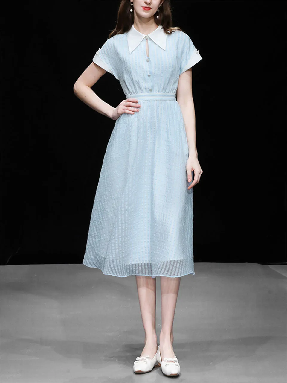 Blue Turndown Collar Retro Cap Sleeve 1950S Vintage Dress