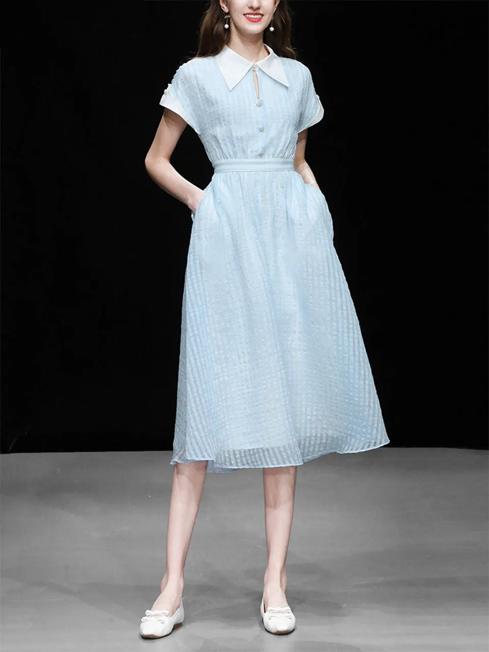 Blue Turndown Collar Retro Cap Sleeve 1950S Vintage Dress