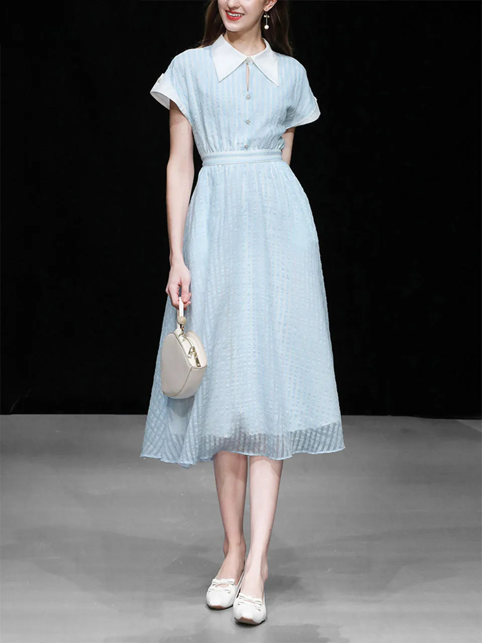 Blue Turndown Collar Retro Cap Sleeve 1950S Vintage Dress