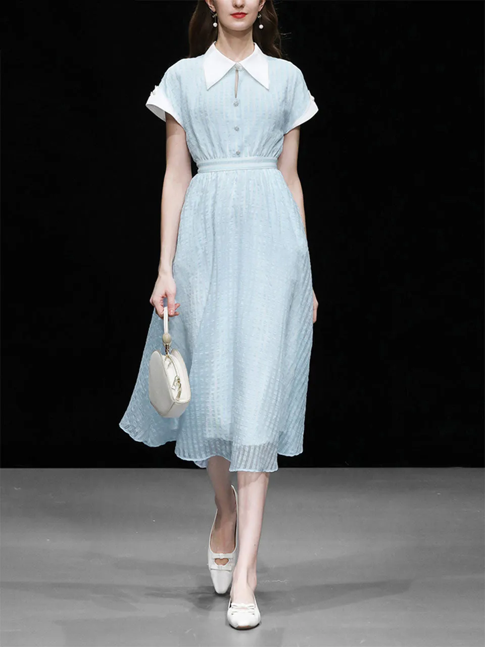 Blue Turndown Collar Retro Cap Sleeve 1950S Vintage Dress