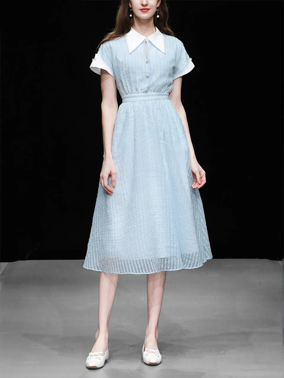 Blue Turndown Collar Retro Cap Sleeve 1950S Vintage Dress