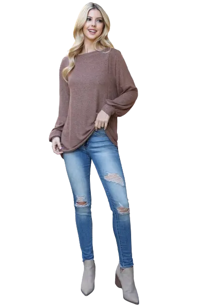 Boat Neckline Puff Sleeve Hacci Brushed Top Latte - Pack of 4