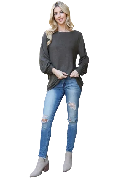 Boat Neckline Puff Sleeve Hacci Brushed Top Olive - Pack of 4