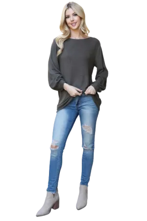 Boat Neckline Puff Sleeve Hacci Brushed Top Olive - Pack of 4
