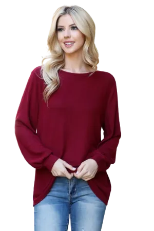 Boat Neckline Puff Sleeve Hacci Brushed Top Ruby Dark - Pack of 4