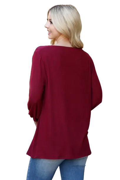 Boat Neckline Puff Sleeve Hacci Brushed Top Ruby Dark - Pack of 4