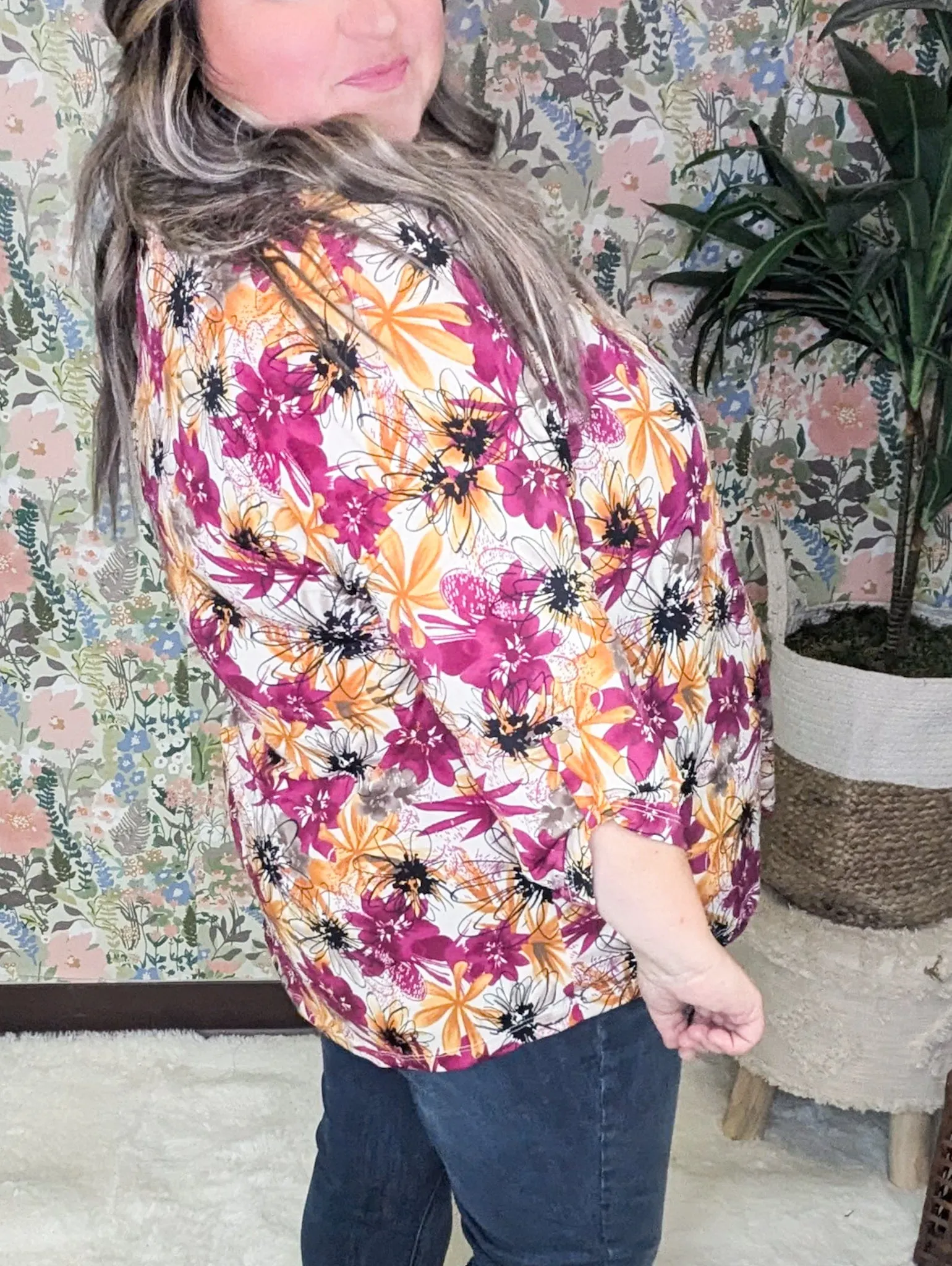Bobbi Drawn Watercolor Floral 3/4 Sleeve Vneck in Fall Sunset