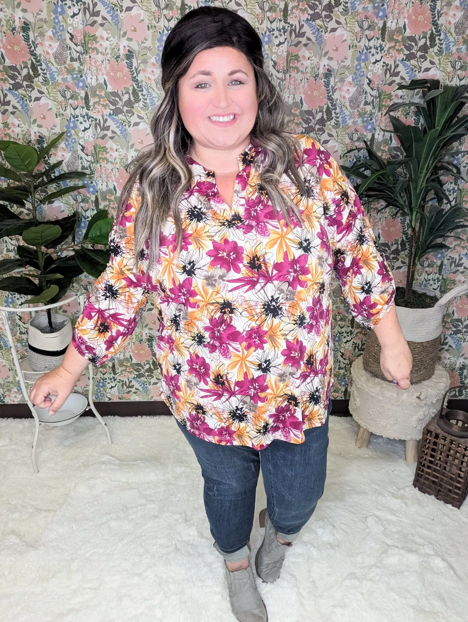 Bobbi Drawn Watercolor Floral 3/4 Sleeve Vneck in Fall Sunset