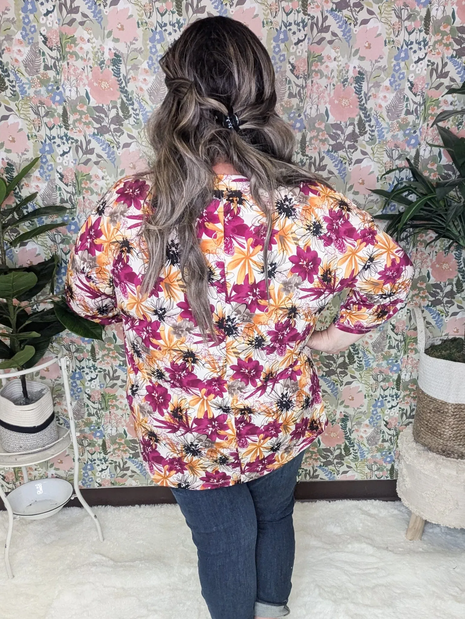 Bobbi Drawn Watercolor Floral 3/4 Sleeve Vneck in Fall Sunset