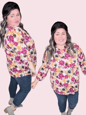 Bobbi Drawn Watercolor Floral 3/4 Sleeve Vneck in Fall Sunset