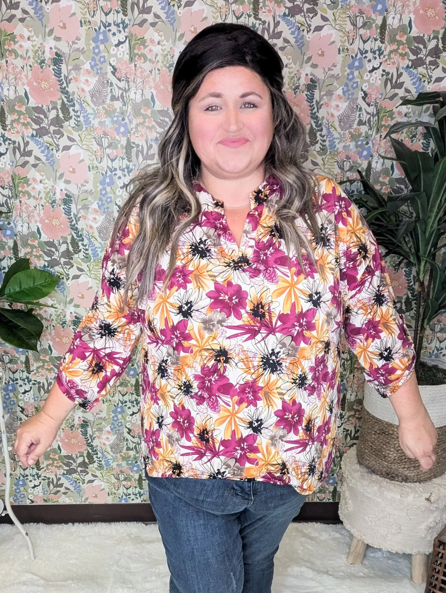 Bobbi Drawn Watercolor Floral 3/4 Sleeve Vneck in Fall Sunset
