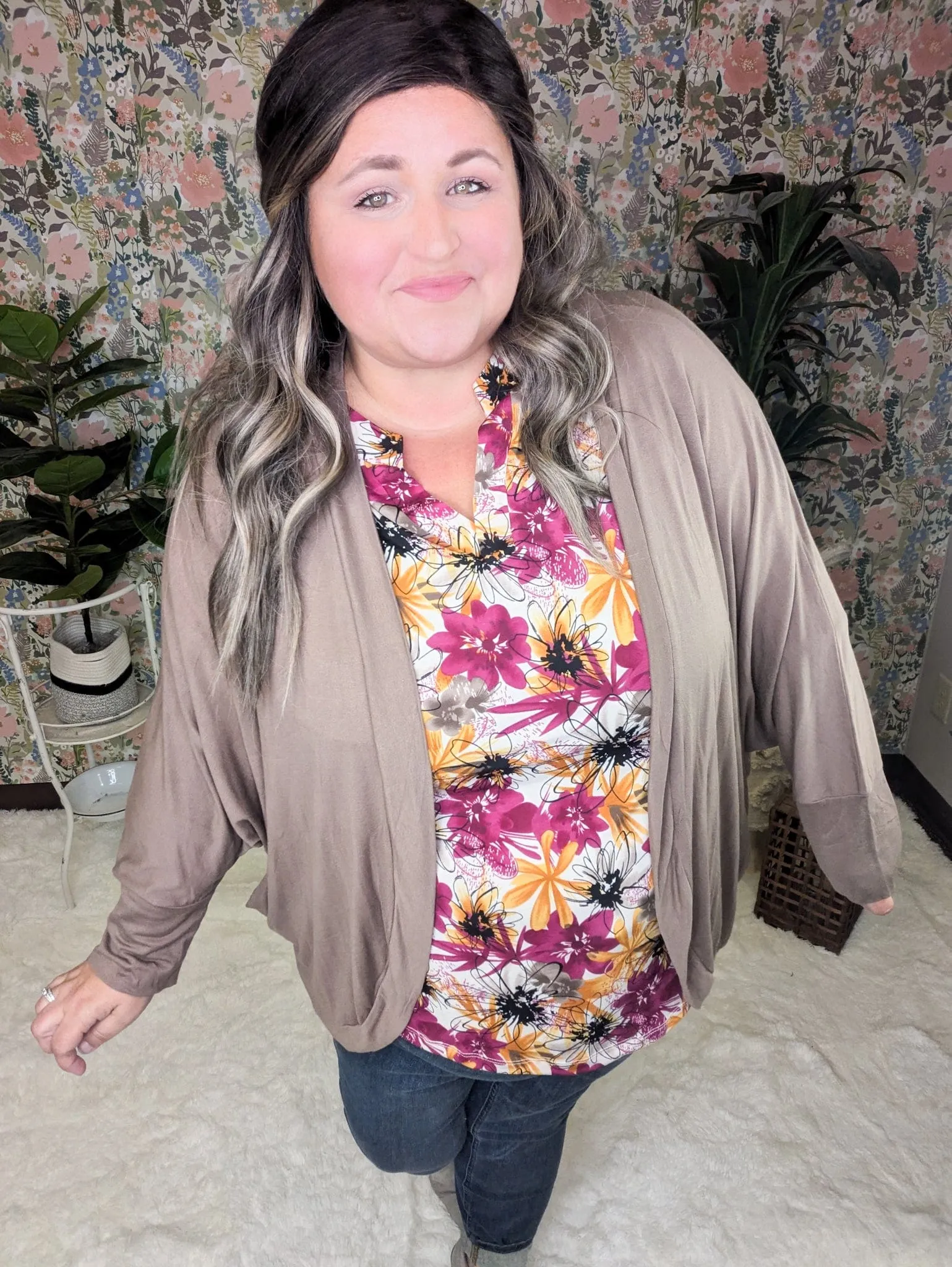 Bobbi Drawn Watercolor Floral 3/4 Sleeve Vneck in Fall Sunset