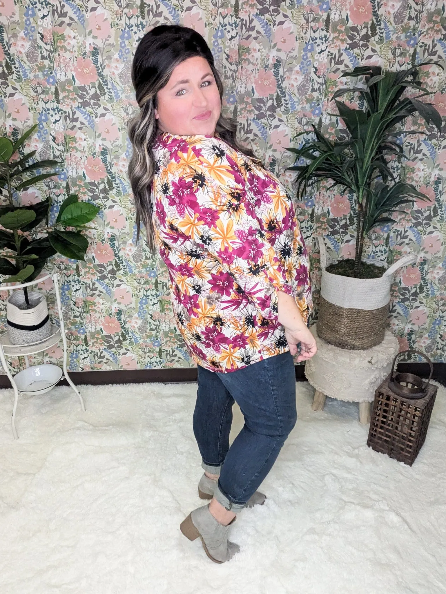 Bobbi Drawn Watercolor Floral 3/4 Sleeve Vneck in Fall Sunset