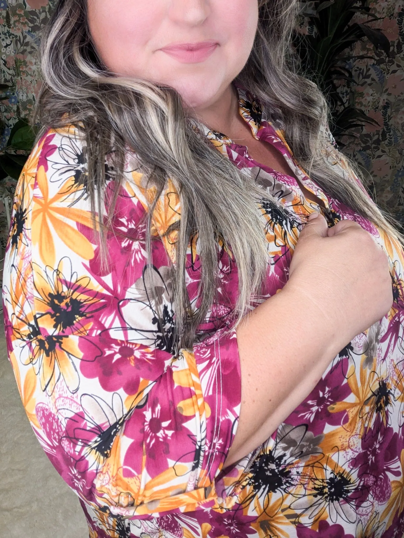Bobbi Drawn Watercolor Floral 3/4 Sleeve Vneck in Fall Sunset