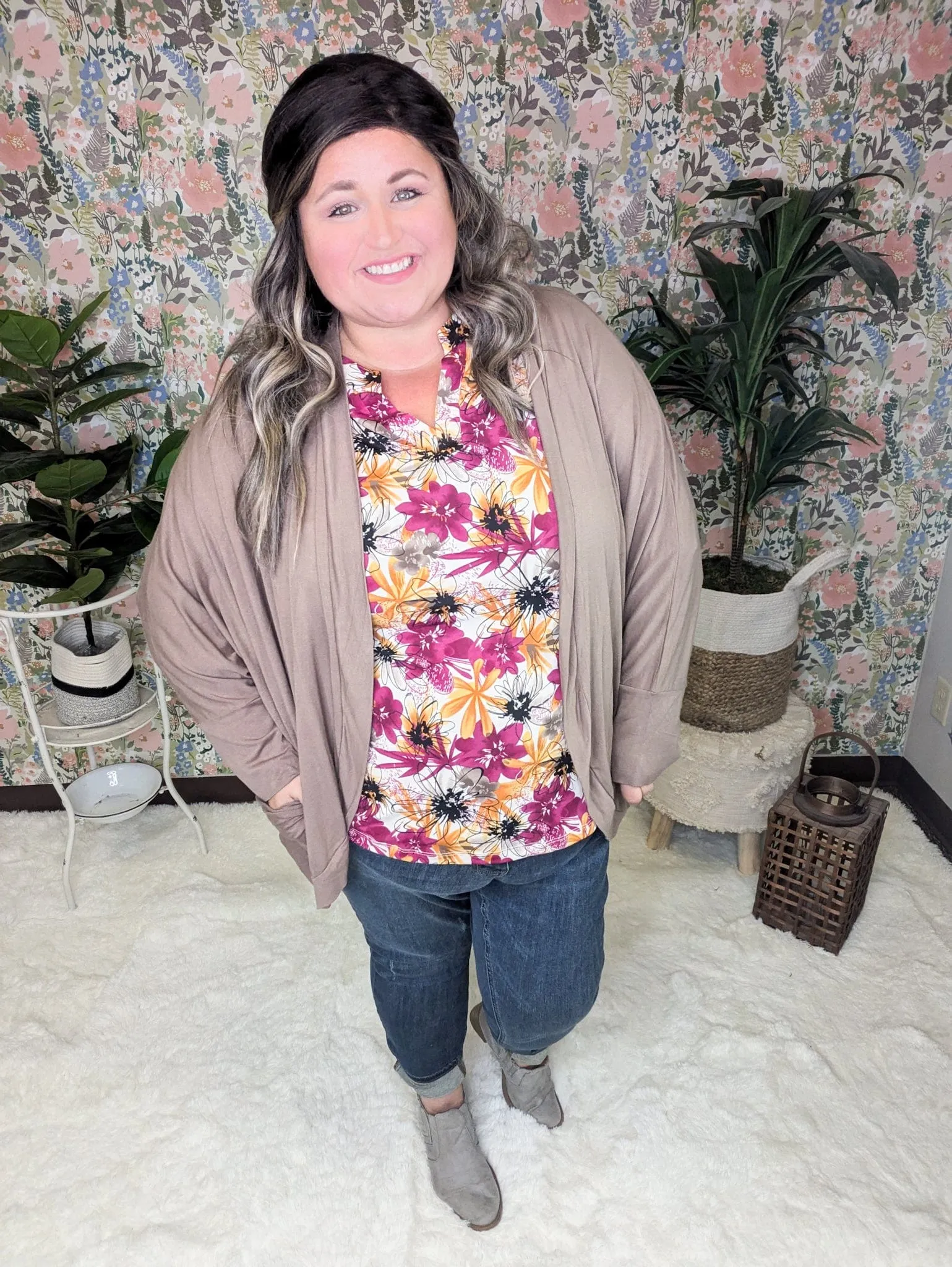 Bobbi Drawn Watercolor Floral 3/4 Sleeve Vneck in Fall Sunset