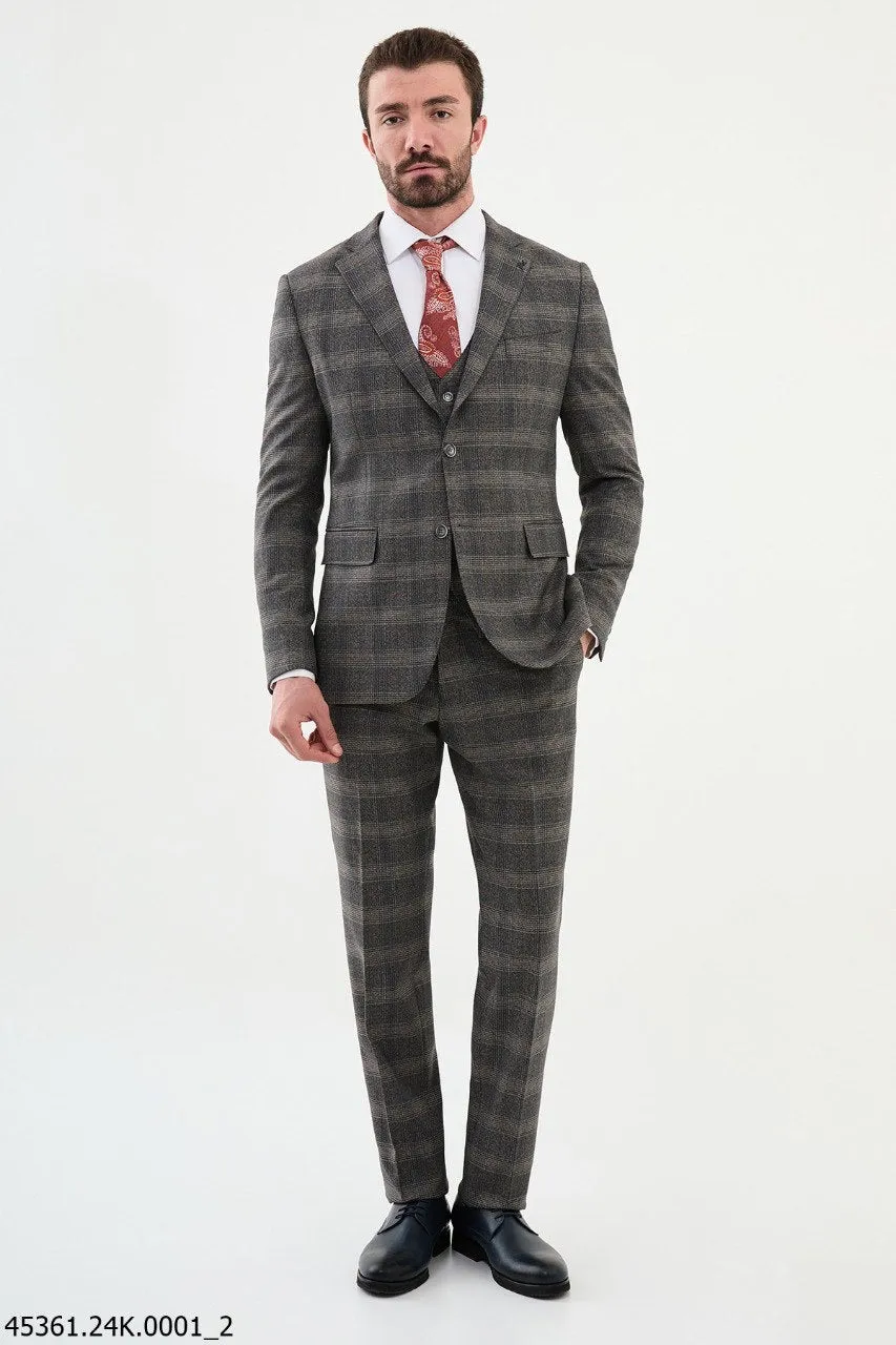 Brabion Diego Beige 3 Piece Glen Plaid Wool Suit for Modern Men