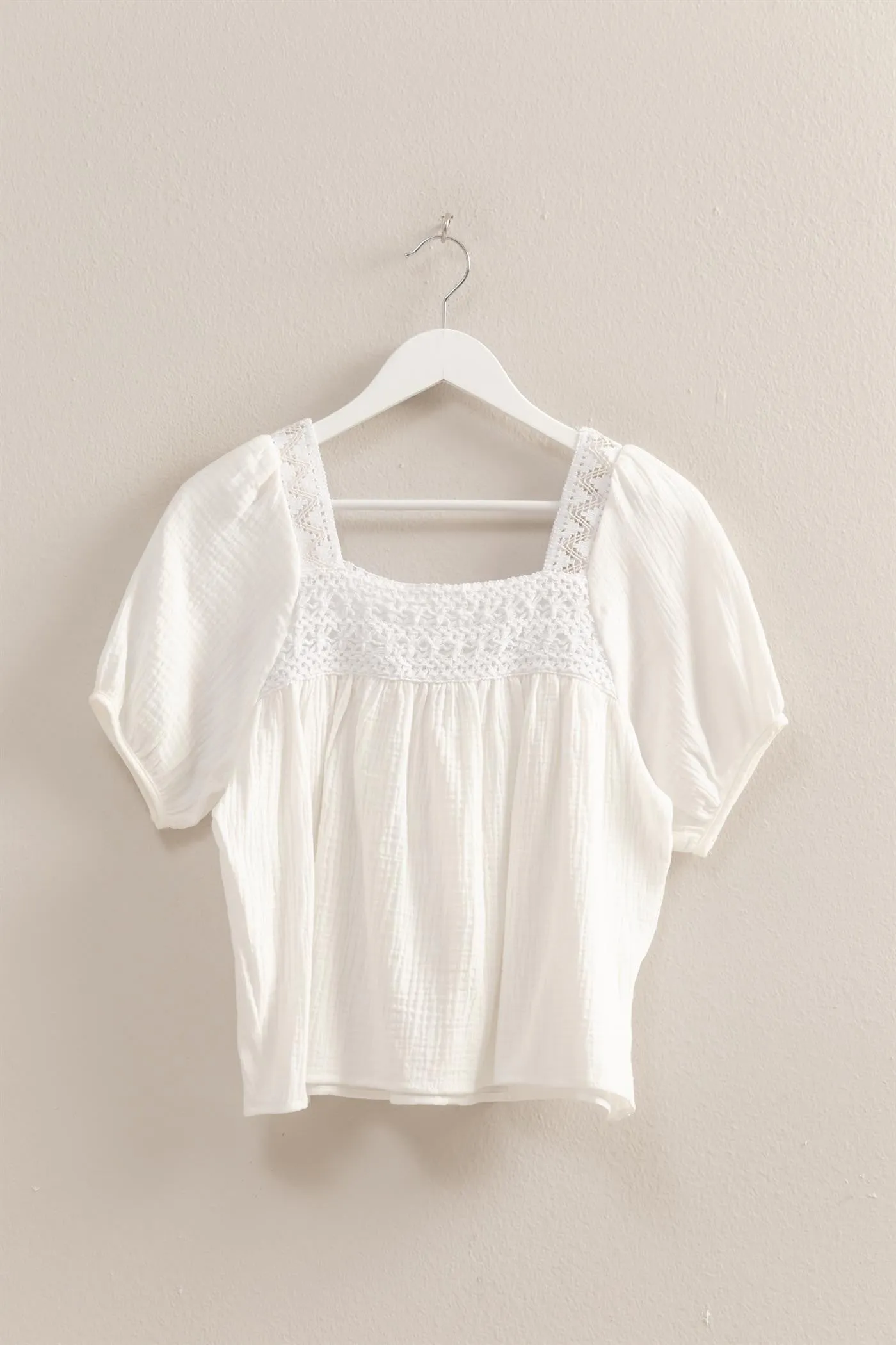 Bradie- Crochet Detail Puff Sleeve Peasant Top-