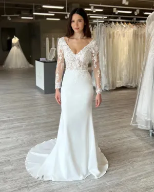 Bride Dress Boho Wedding Dresses V-neck Lace Appliques Full Sleeves Bridal Dress Long Satin Bride Gown vestido vestidos de novia