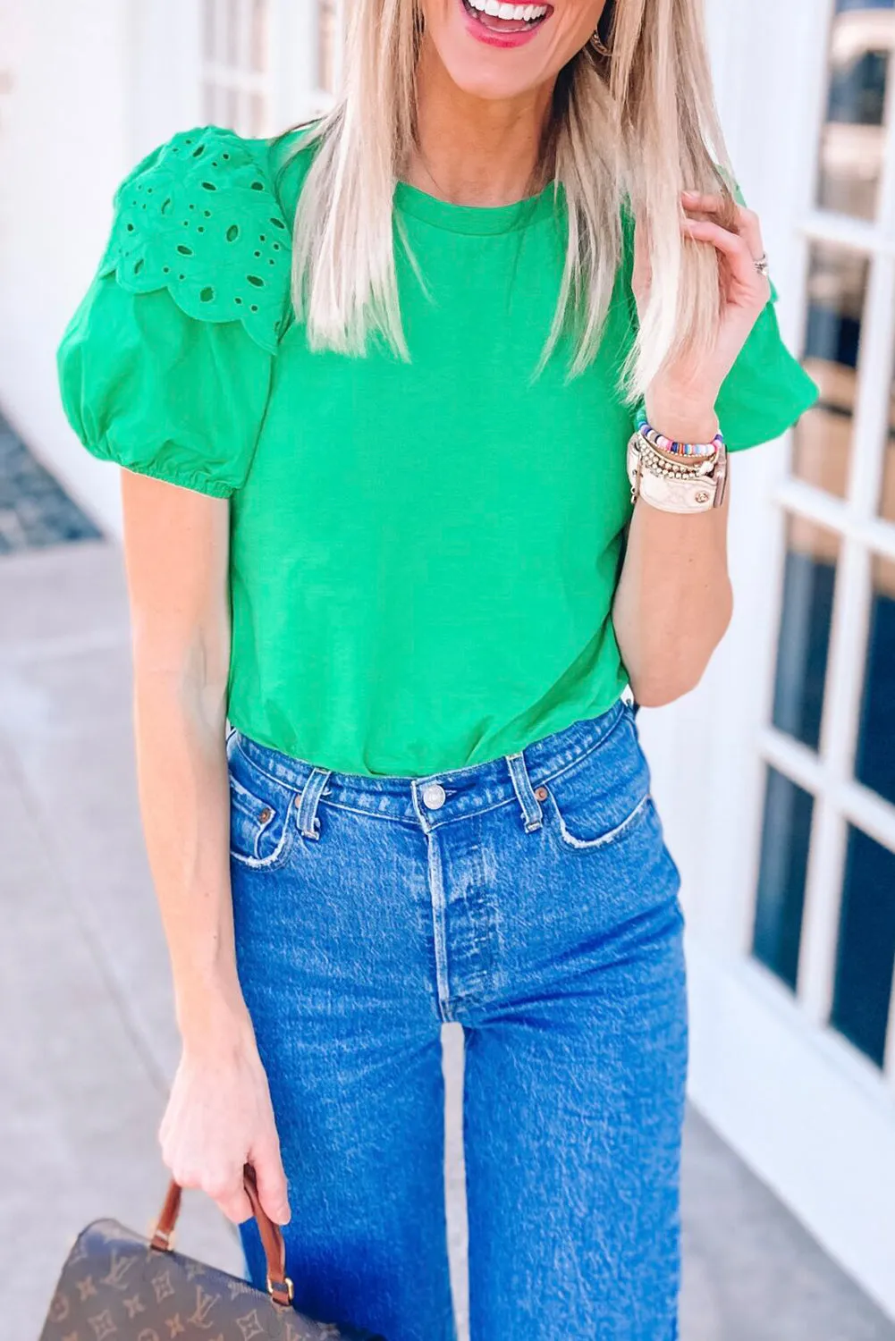 Bright Green Eyelet Puff Short Sleeve Top