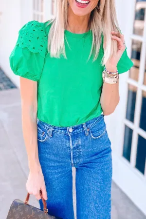 Bright Green Eyelet Puff Short Sleeve Top