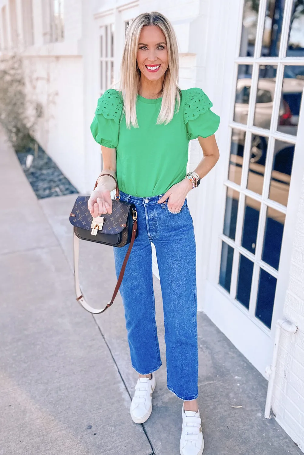 Bright Green Eyelet Puff Short Sleeve Top