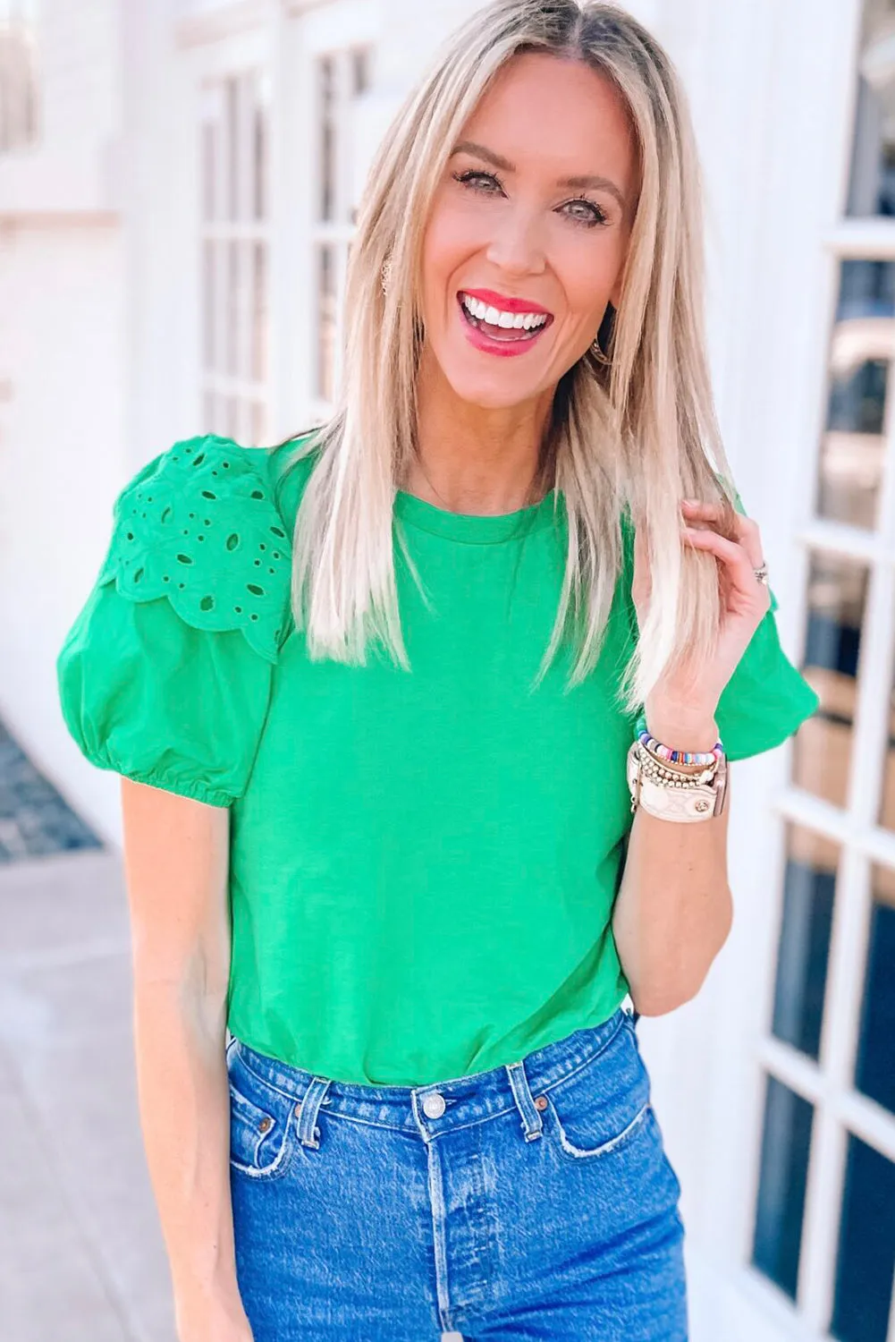Bright Green Eyelet Puff Short Sleeve Top