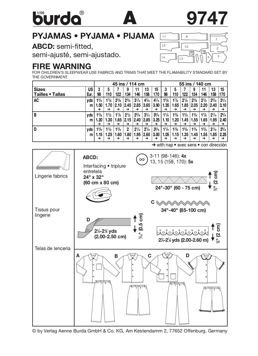 Burda Pattern 9747 Pyjama (3-15)
