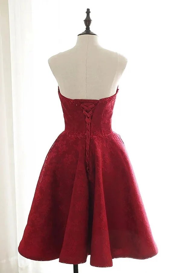 Burgundy Sweetheart Lace Short Prom Dresses Homecoming Dresses,MH513