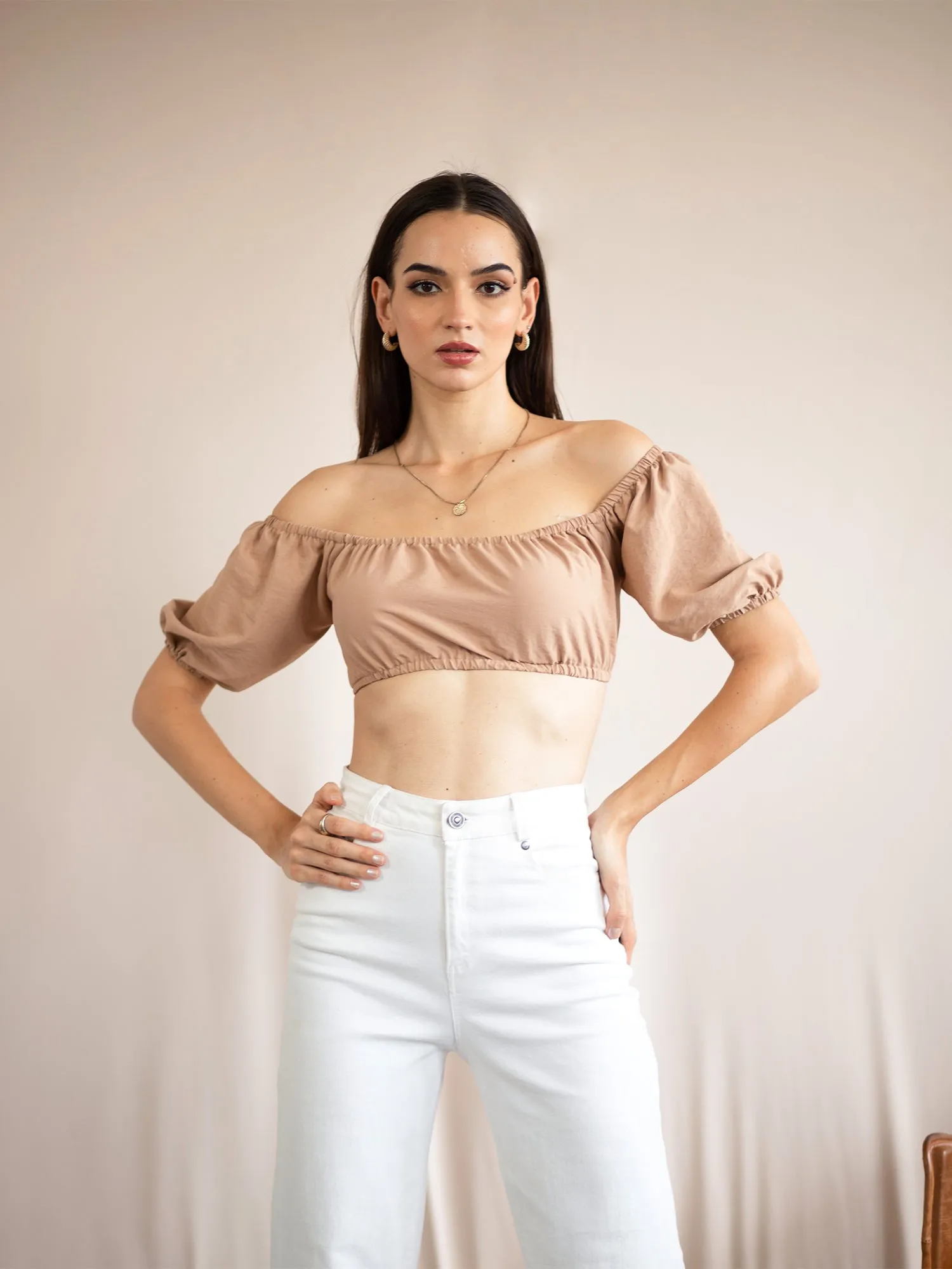 Bustier Detail Puff Sleeve Crop Top