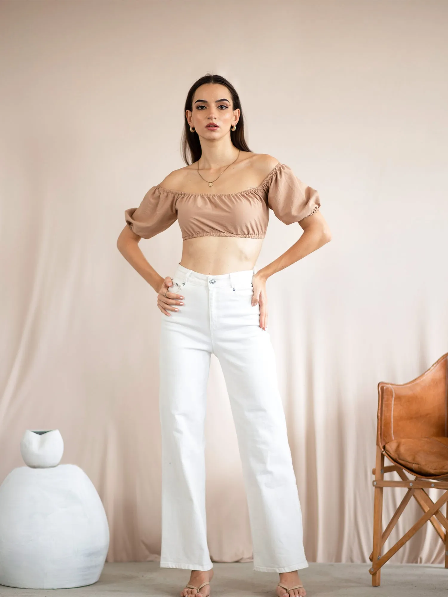 Bustier Detail Puff Sleeve Crop Top