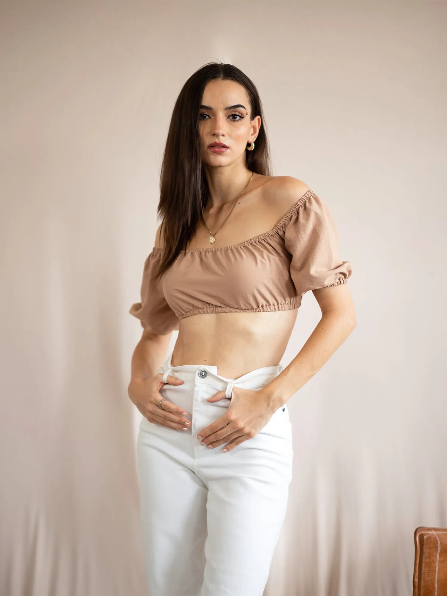 Bustier Detail Puff Sleeve Crop Top