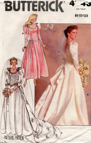 Butterick 4743 Womens Dropped Waist Princess Seamed Wedding / Bridesmaids Dress with Optional Train 1980s Vintage Sewing Pattern Size 8 - 12