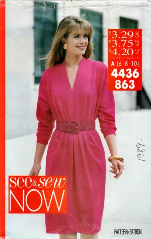 Butterick See & Sew 4436 Womens EASY Pleated Bodice Dress 1980s Vintage Sewing Pattern Size 6 - 10