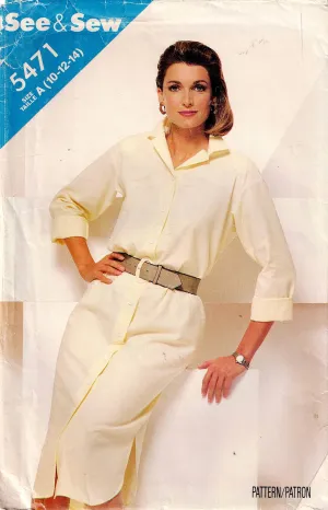 Butterick See & Sew 5471 Womens EASY Straight Shirtdress 1980s Vintage Sewing Pattern Size 10 - 14 UNCUT Factory Folded