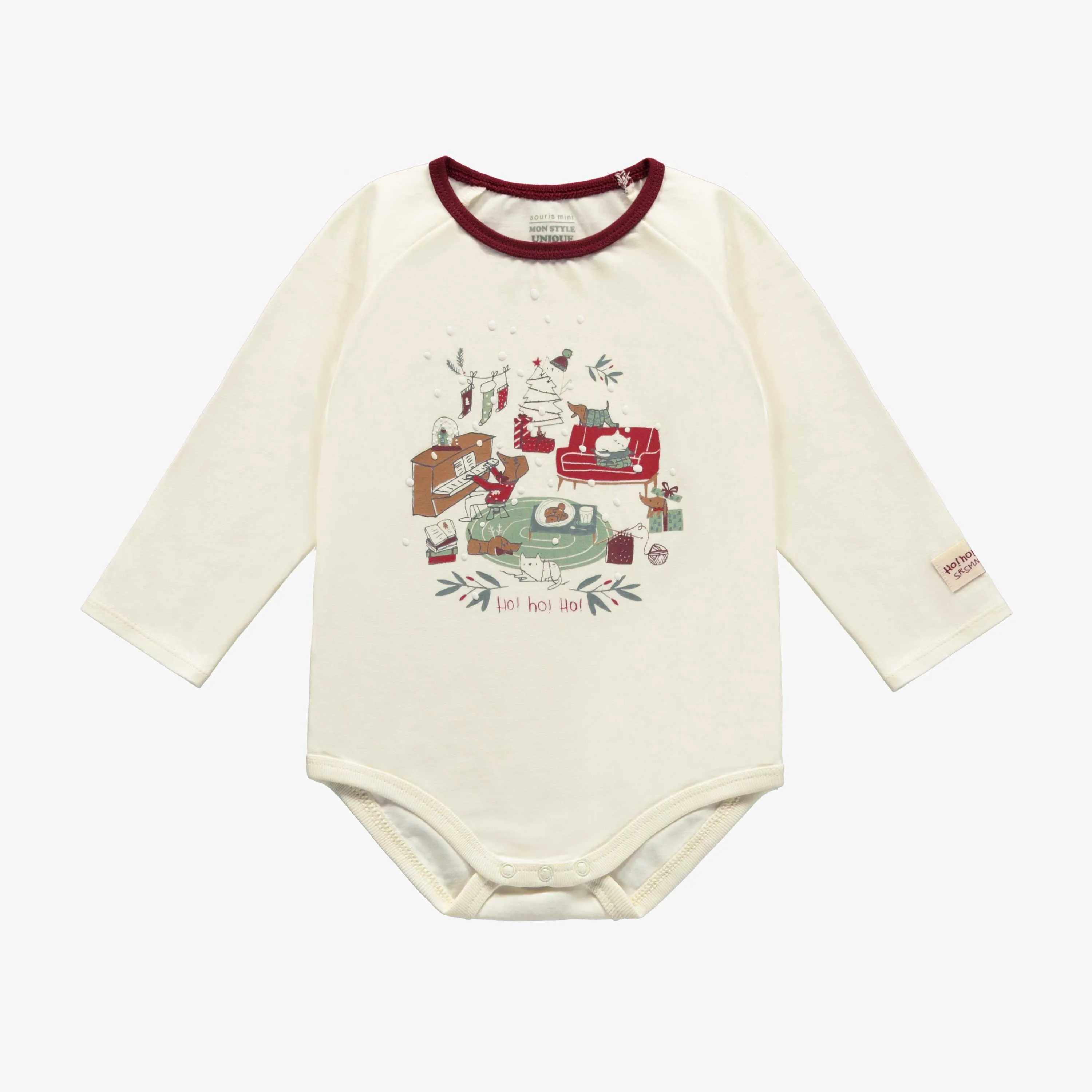 Cache-couche des fêtes crème avec illustration en coton, bébé || Cream holiday bodysuit with illustration in cotton, baby