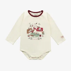 Cache-couche des fêtes crème avec illustration en coton, bébé || Cream holiday bodysuit with illustration in cotton, baby