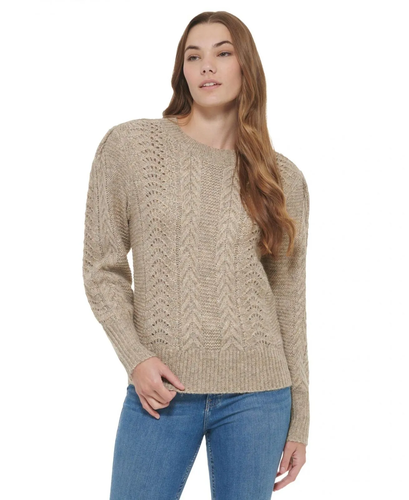 Calvin Klein Womens Pointelle Mixed Stitch Sweater M2XSB716 Light Brown Multi XS