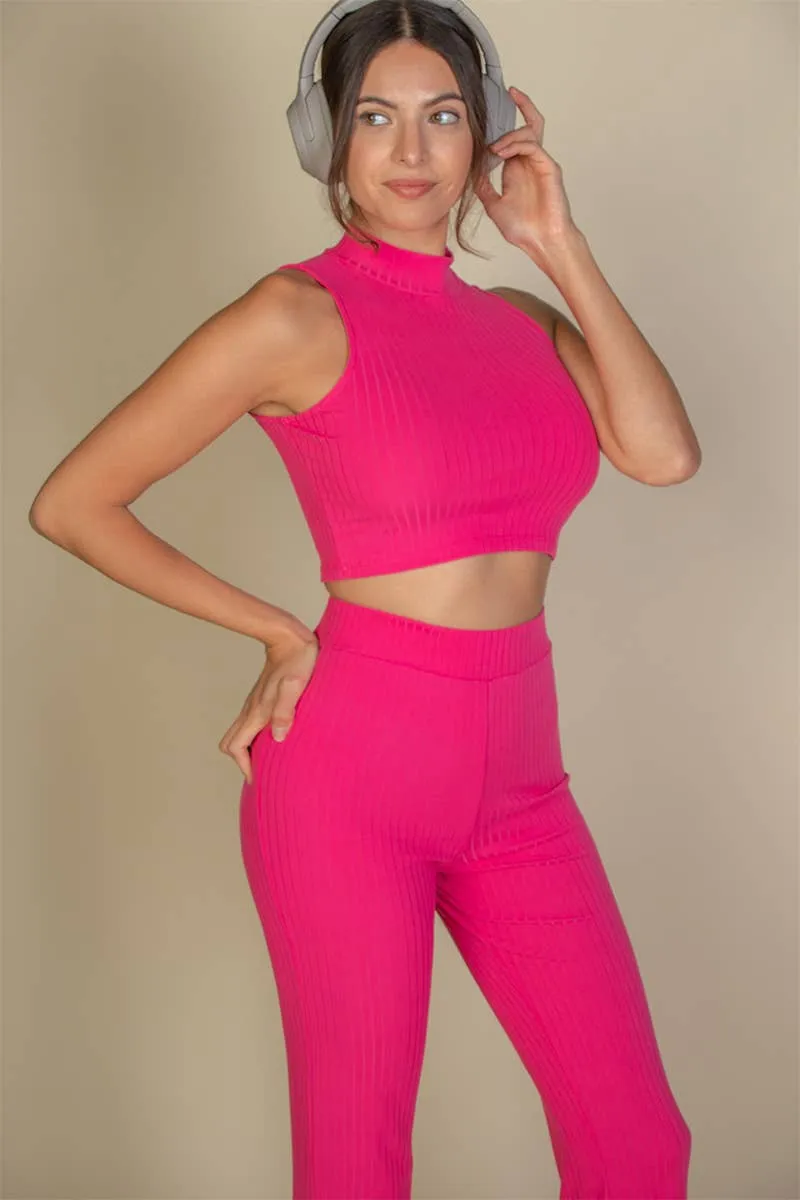 CAPELLA APPAREL - Sleeveless Ribbed Mock Neck & Bootcut Pants Activewear Set