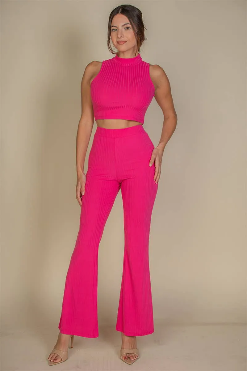 CAPELLA APPAREL - Sleeveless Ribbed Mock Neck & Bootcut Pants Activewear Set