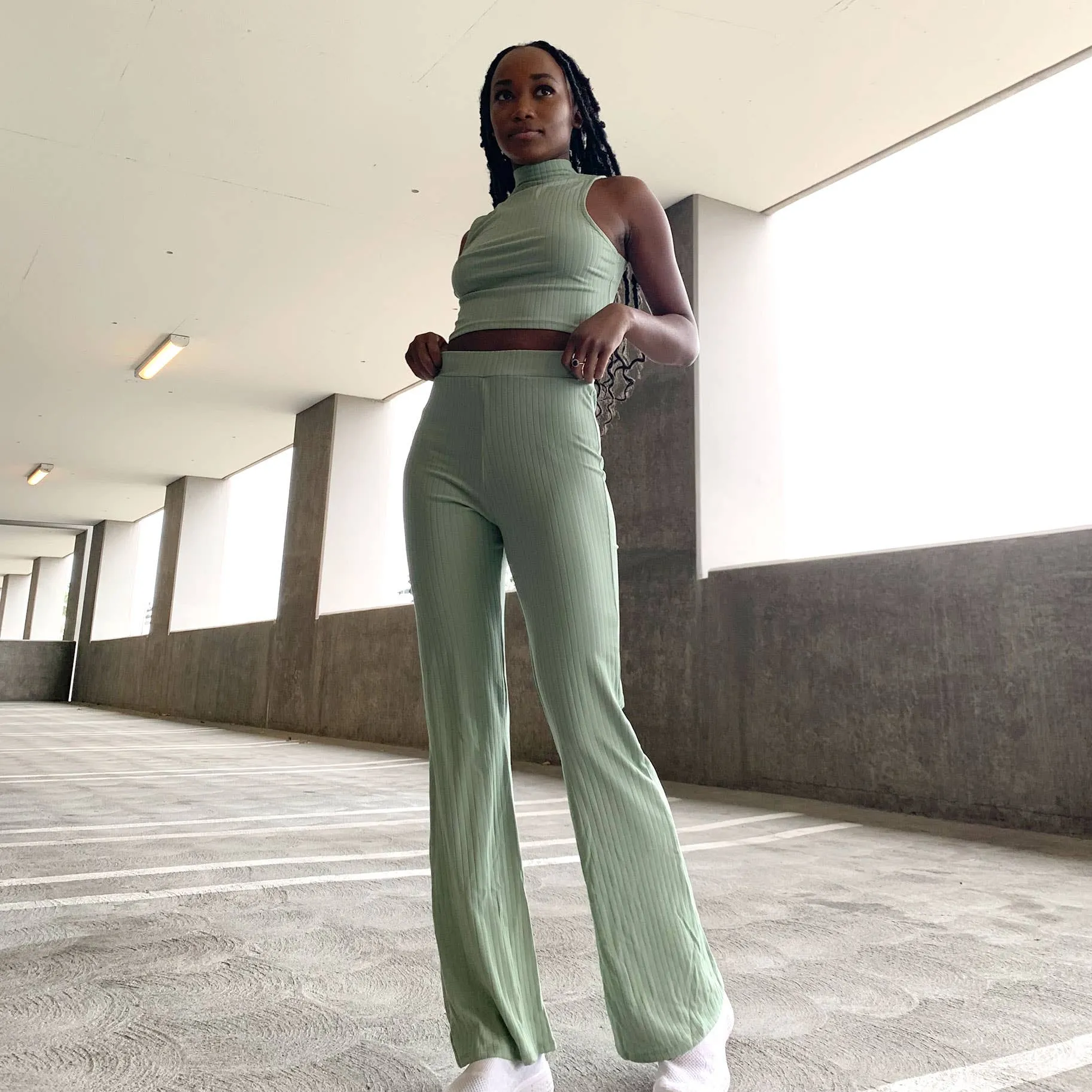 CAPELLA APPAREL - Sleeveless Ribbed Mock Neck & Bootcut Pants Activewear Set