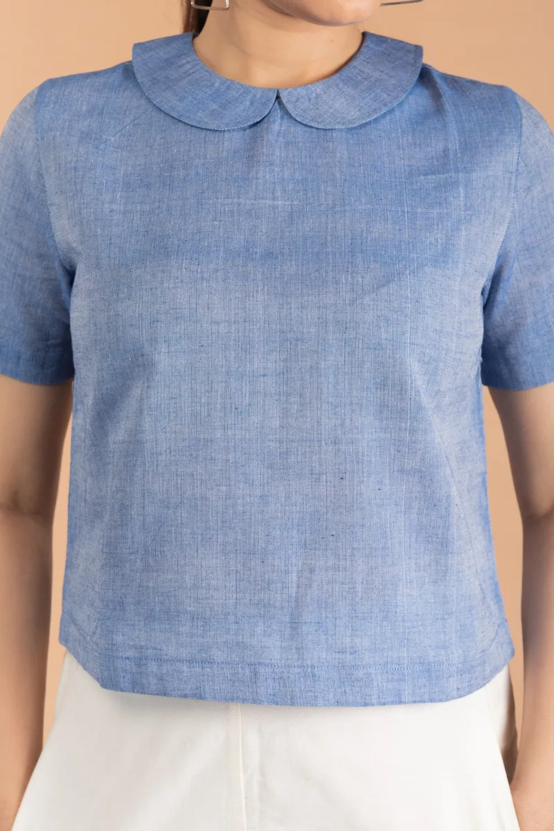 Chambray Blue Crop Top with Collars, in Sambalpur Handloom Cotton