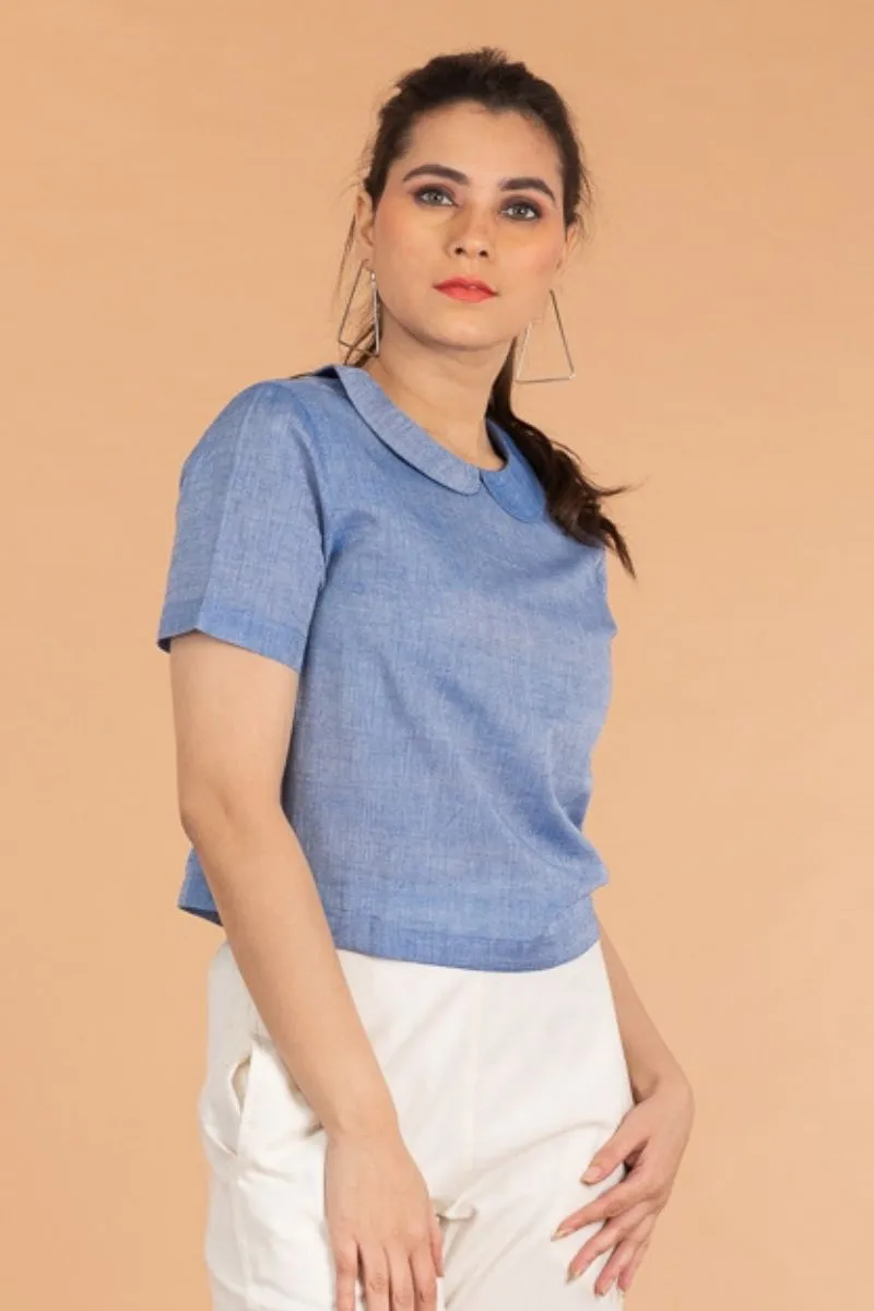 Chambray Blue Crop Top with Collars, in Sambalpur Handloom Cotton