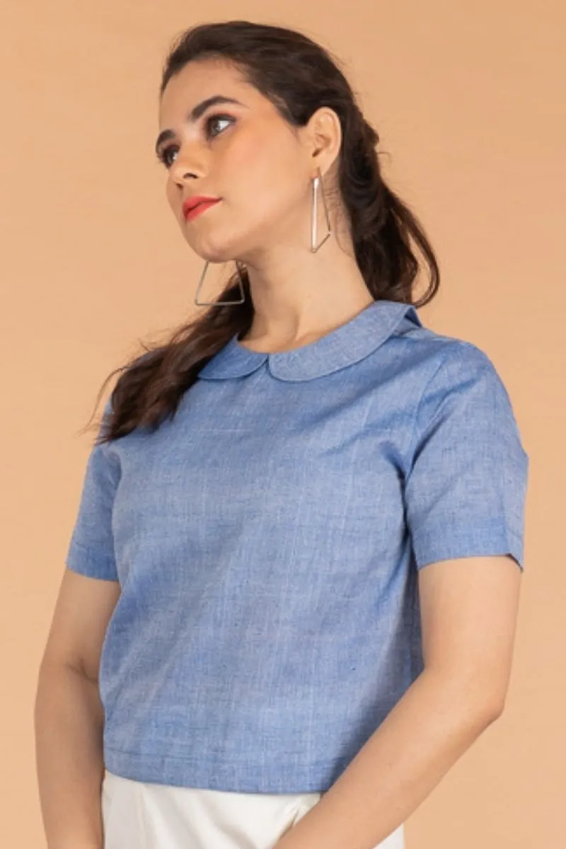 Chambray Blue Crop Top with Collars, in Sambalpur Handloom Cotton