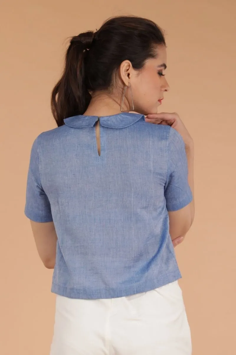 Chambray Blue Crop Top with Collars, in Sambalpur Handloom Cotton