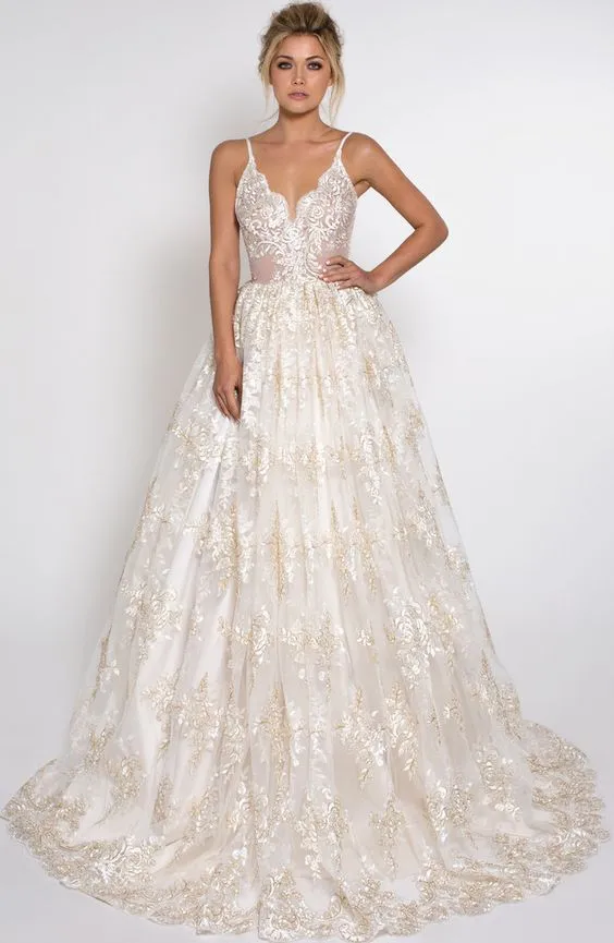 Champagne Wedding Gowns Lace Appliques A Line Spaghetti Straps Backless Bohemian Bridal Gown