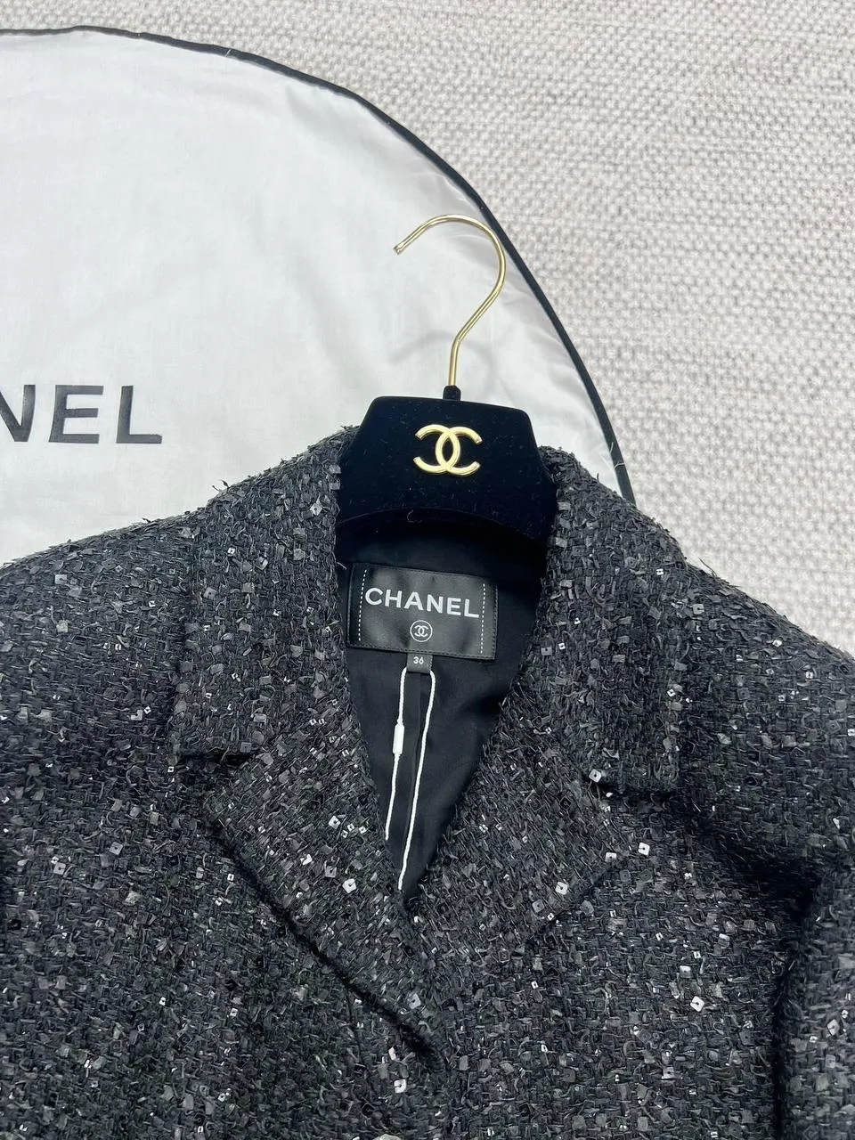 Chanel 24B Black Wool Tweed Bow Short Jacket